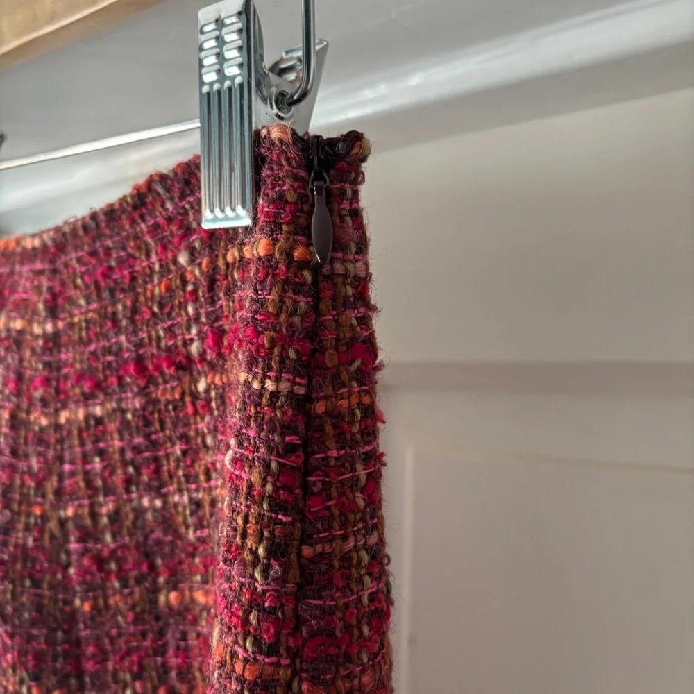Lafayette 148 New York Tweed Midi Skirt Red Purple Flounce Hem Size 4